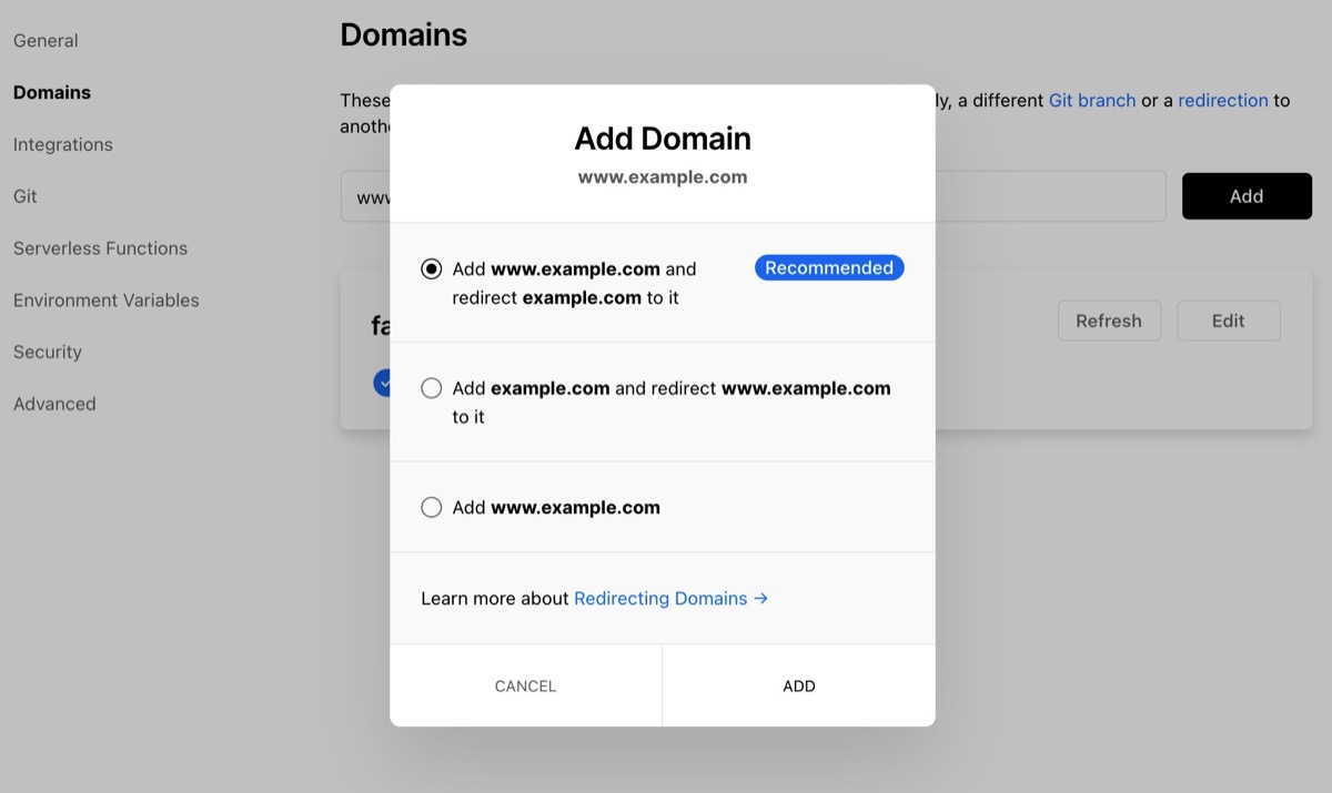 リダイレクト設定等について聞かれるモーダル