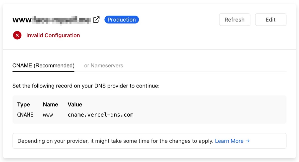 Vercelに表示されるサブドメインの設定について