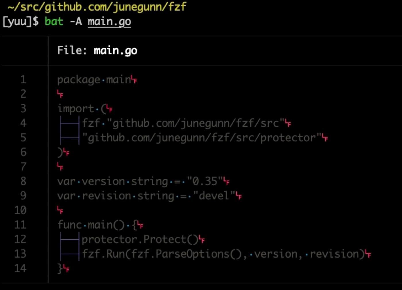 -Aオプションを使う事で改行コードやタブも表示させる