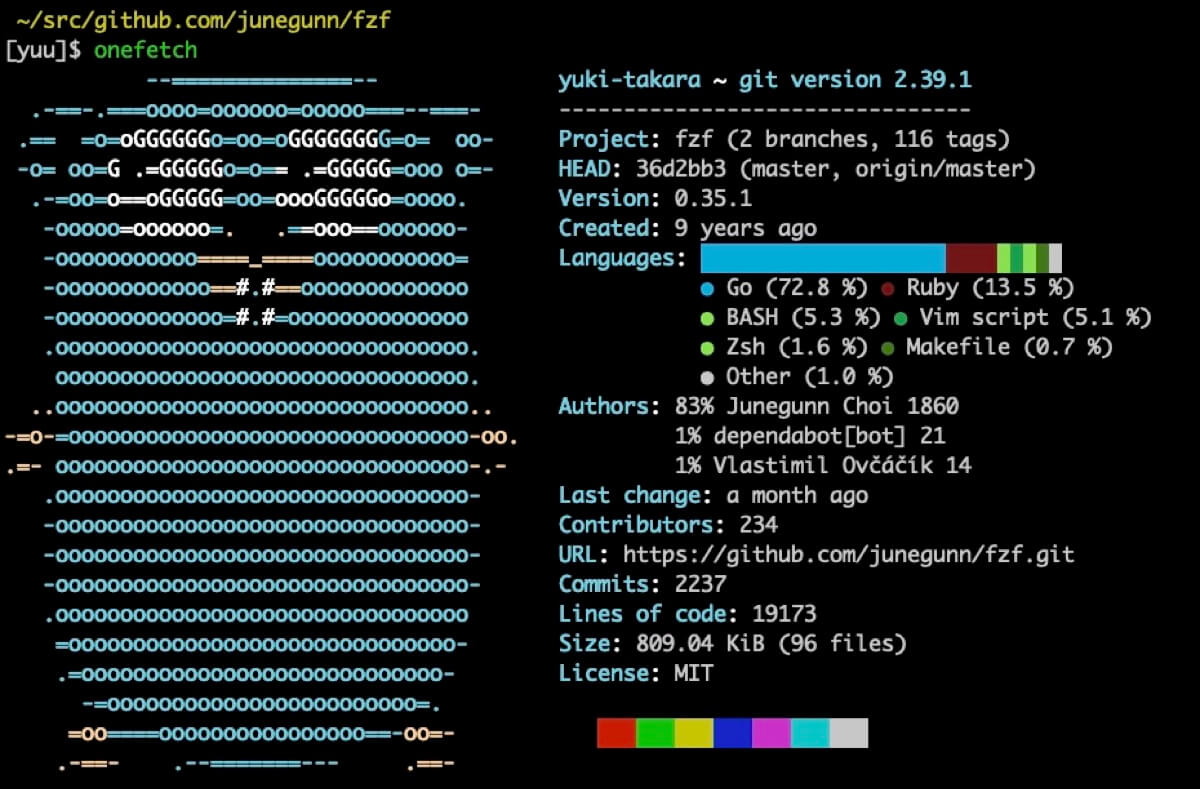 fzfのリポジトリでonefetchを実施した場合