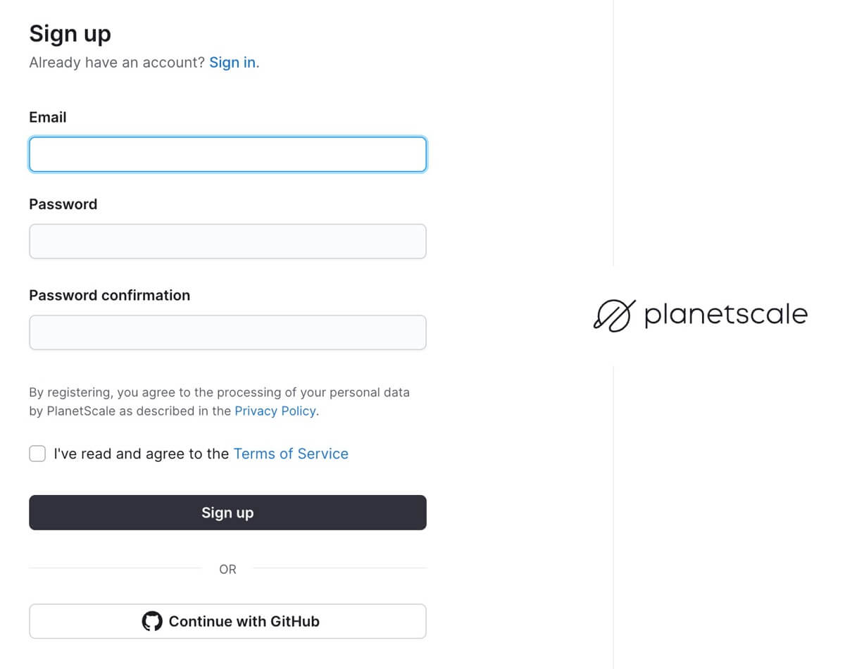 PlanetScaleの新規登録ページ