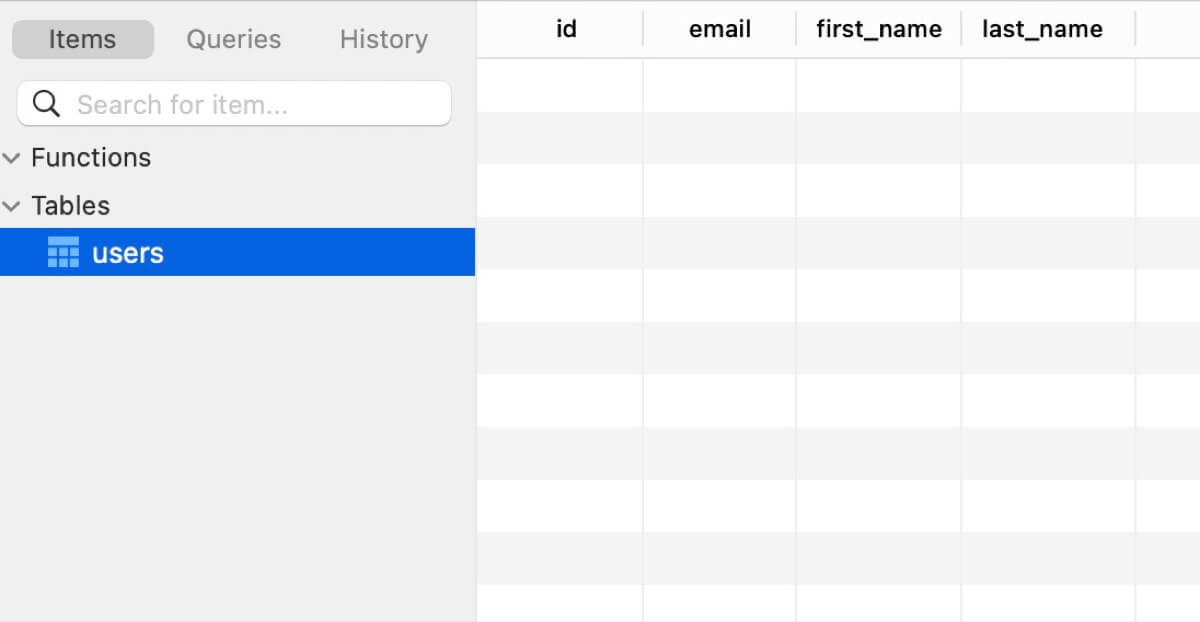 接続後にテーブルが存在している事を確認